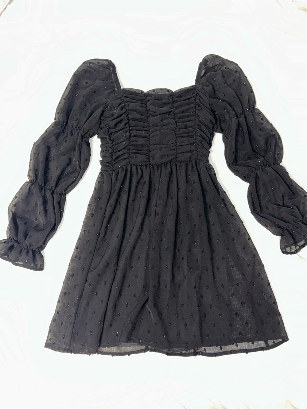 Crystal Doll Black Smocked Puff-Sleeve Party Dress